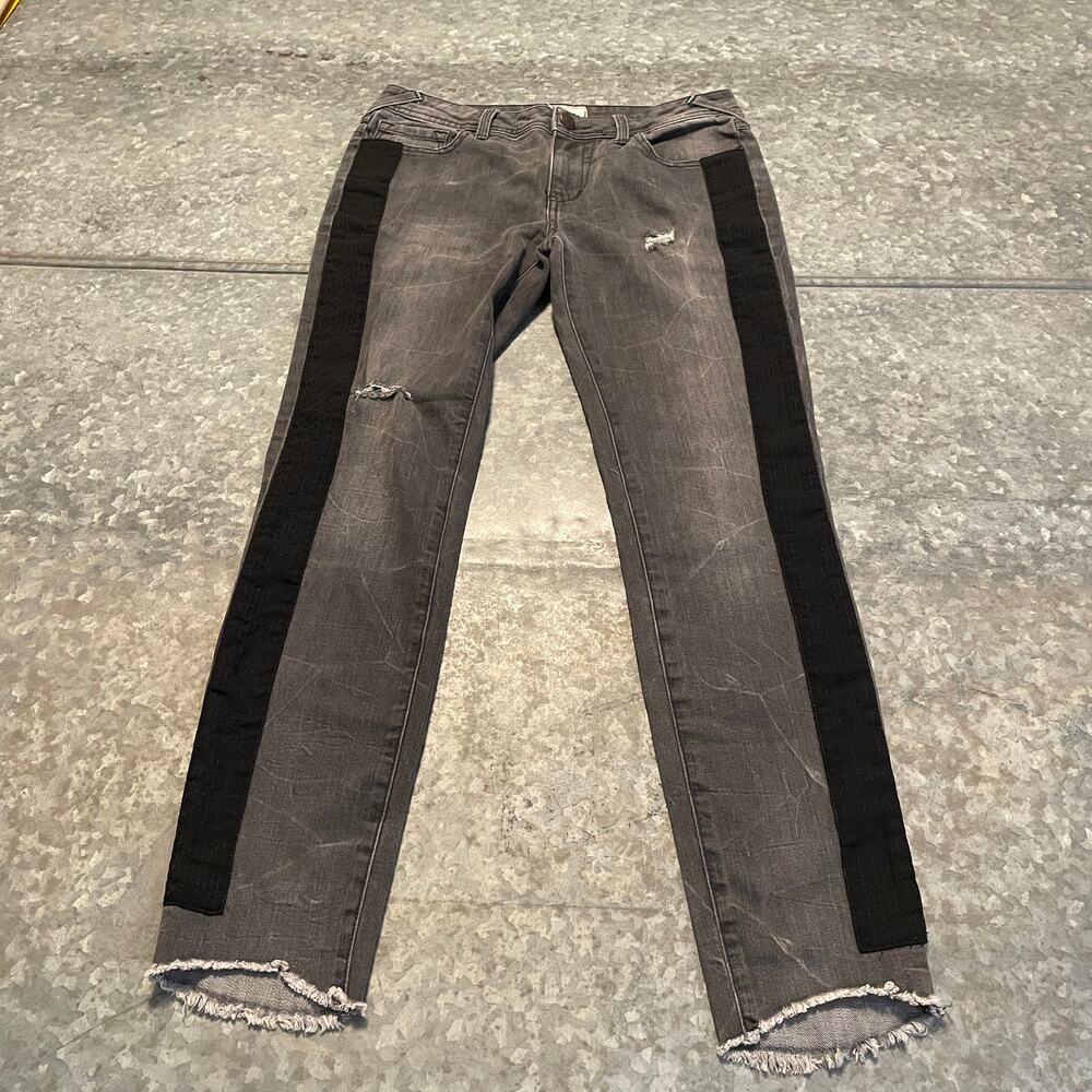 Vintage Y2K FREE PEOPLE Low Rise Black Side Stripe Denim Jeans 26 Gray Moto